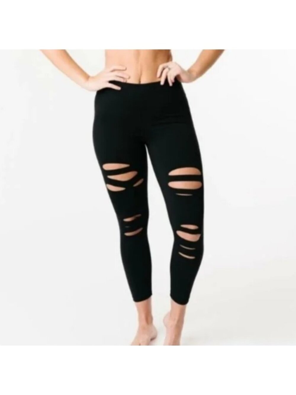 ZYIA Active Black Slashed Lux High Rise Ripped Leggings Size 0 Activewear Gym